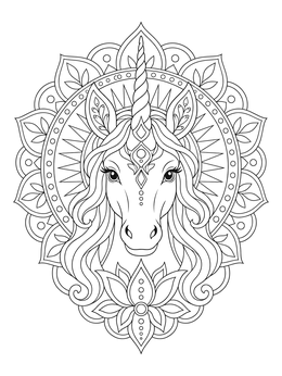 An intricate unicorn mandala coloring page with floral details and symmetrical circular patterns.