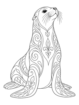 A decorative sea lion coloring page featuring intricate paisley patterns across its body.