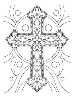 An ornate cross coloring page decorated with elegant Victorian filigree scrolls and beadwork.