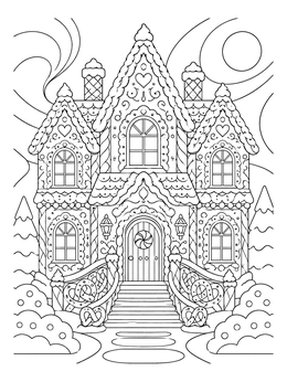 An intricate gingerbread house coloring page featuring pretzel railings and candy details.