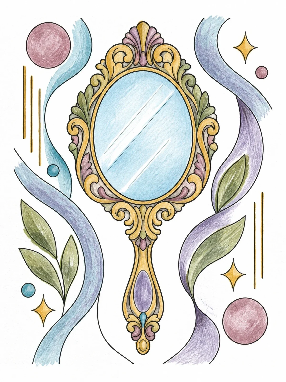 Colored example of the Ornate Vintage Hand Mirror coloring page