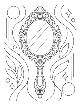An ornate hand mirror coloring page with decorative swirls and leaves.