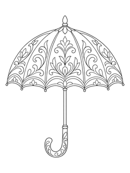 An ornate vintage umbrella coloring page featuring elegant floral patterns and a curved handle.