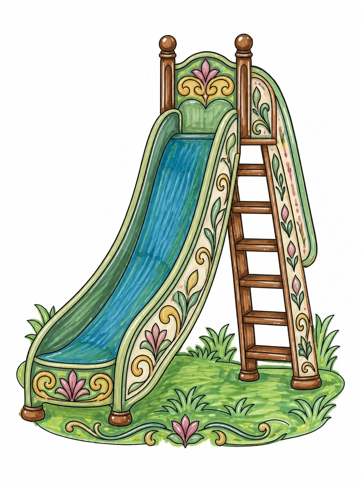 Colored example of the Ornate Vintage Playground Slide coloring page