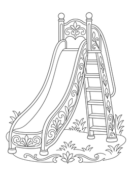An ornate vintage playground coloring page featuring a curved slide with decorative floral motifs.