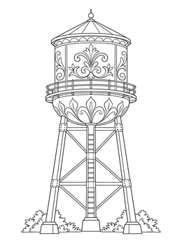 An ornate water tower coloring page featuring elegant scroll patterns and steel framework.