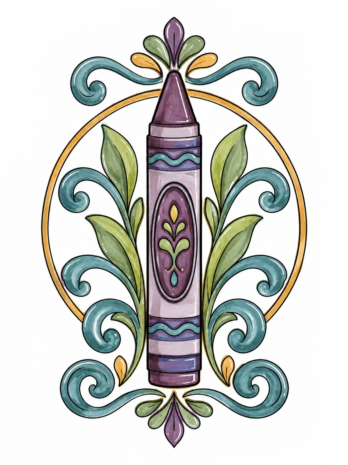 Colored example of the Ornate Wax Crayon In Decorative Frame coloring page