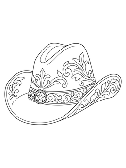 An ornate cowboy hat coloring page with detailed floral engravings and a star buckle.