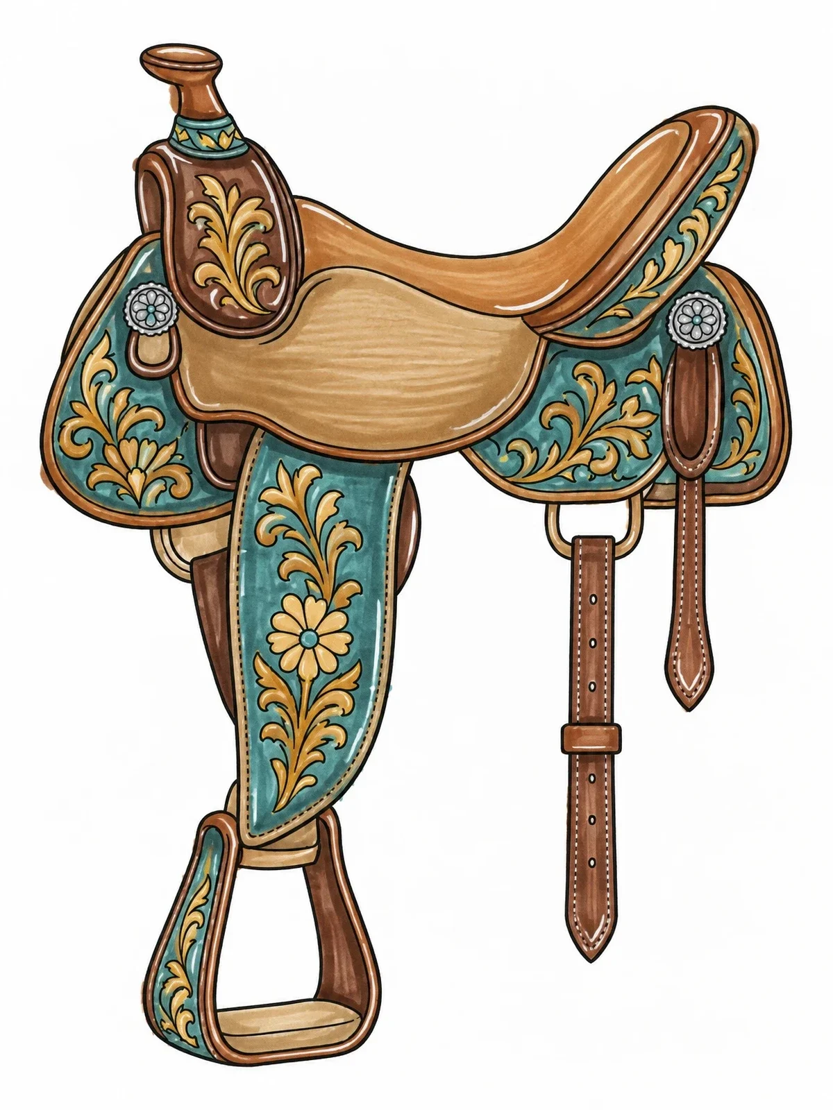 Colored example of the Ornate Western Horse Saddle coloring page