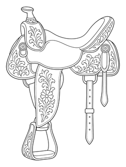 Detailed saddle coloring page featuring carved leather floral patterns and a stirrup.