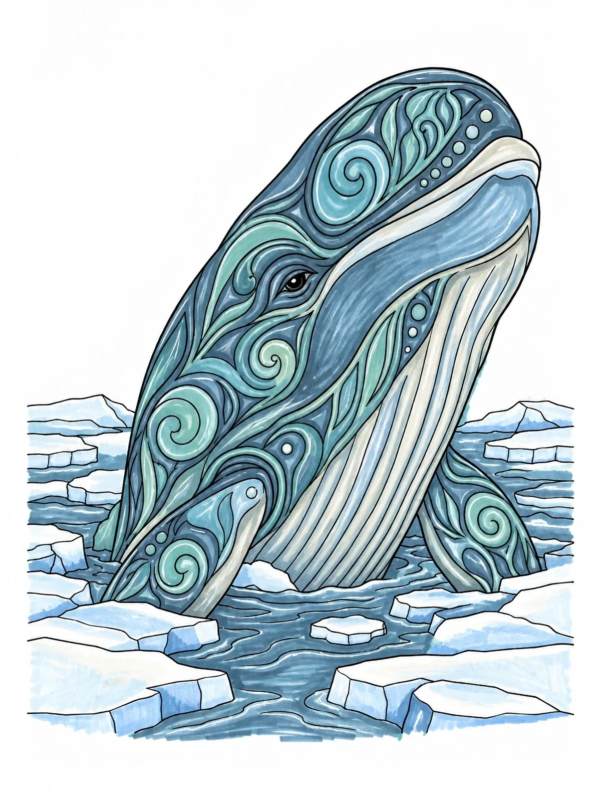Colored example of the Ornate Whale In Arctic Waters coloring page