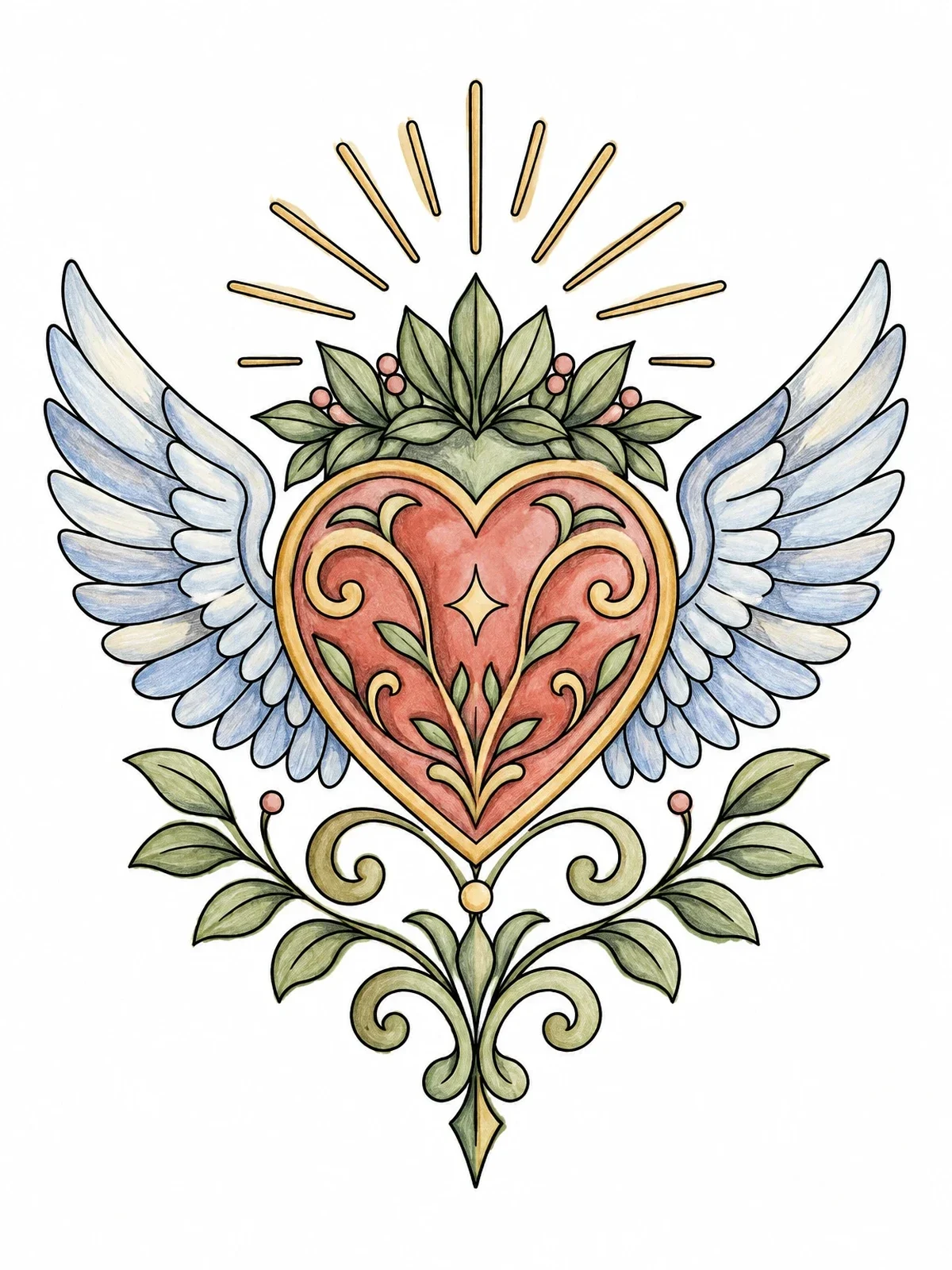 Colored example of the Ornate Winged Heart With Leaves coloring page