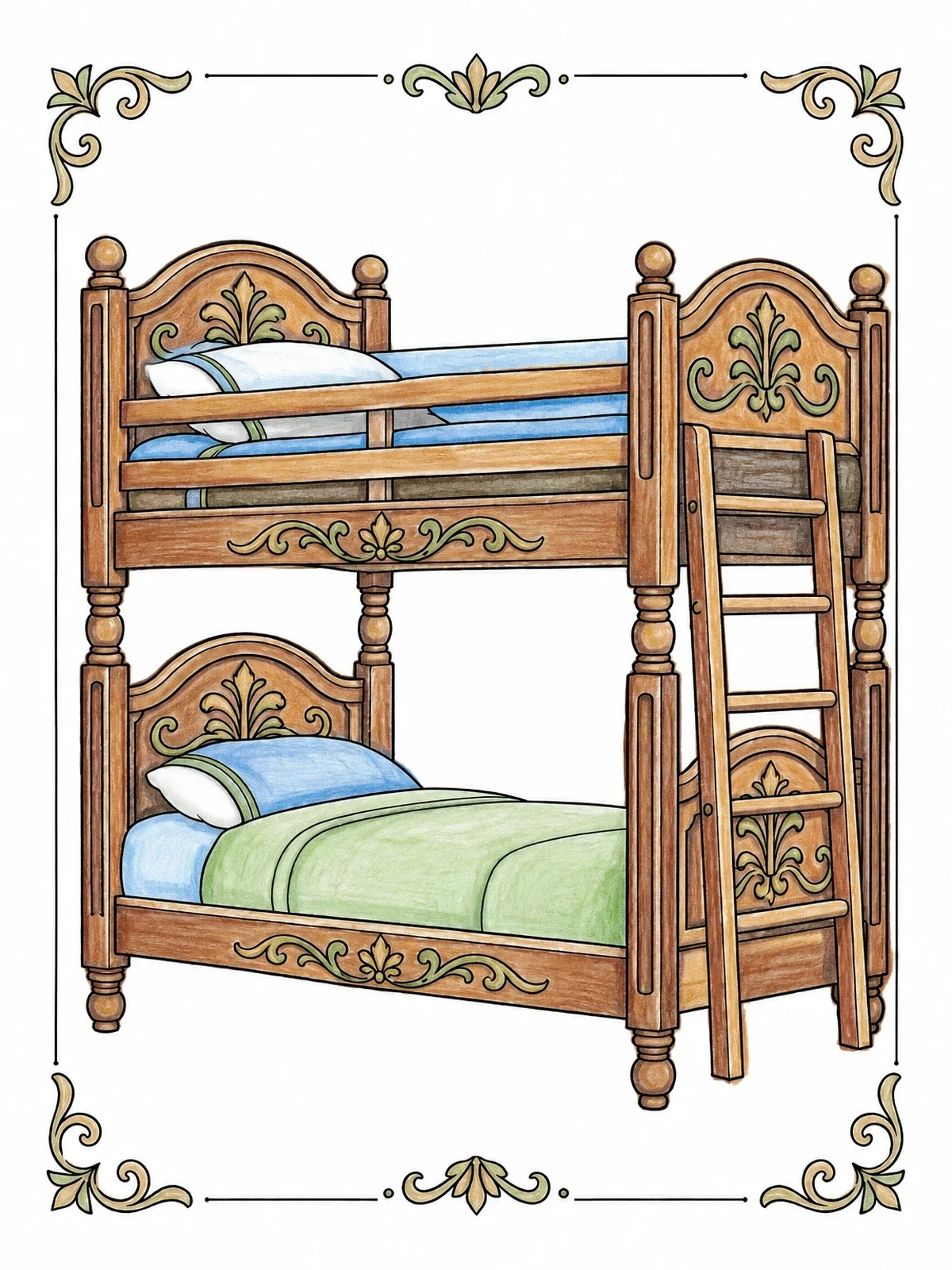 Colored example of the Ornate Wooden Bunk Bed coloring page