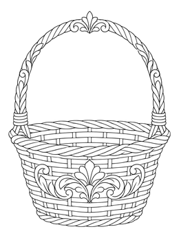 An ornate wicker basket coloring page with a decorative curved handle.