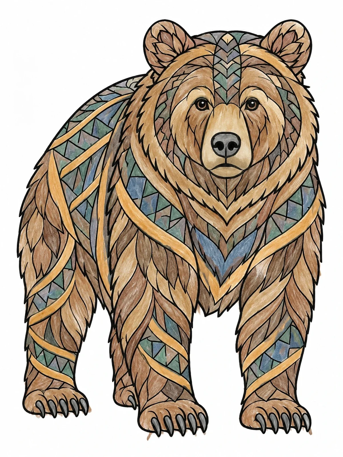 Colored example of the Ornate Zentangle Brown Bear coloring page