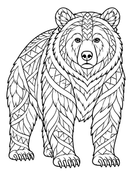 Detailed brown bear coloring page featuring geometric patterns and textured fur.