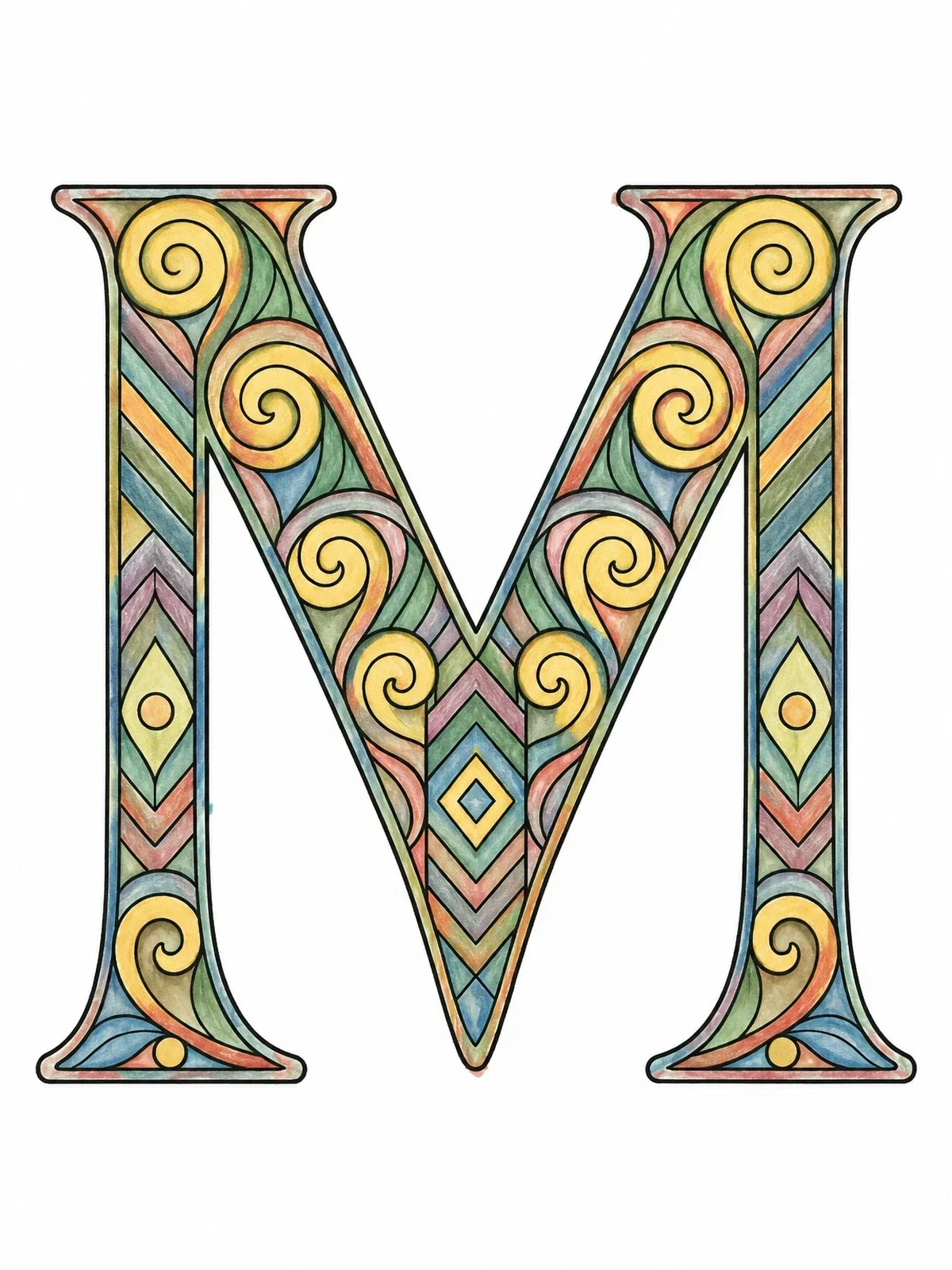 Colored example of the Ornate Zentangle Capital Letter M coloring page