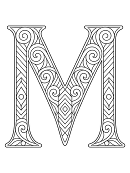 An intricate zentangle letter m coloring page filled with swirls and geometric patterns.