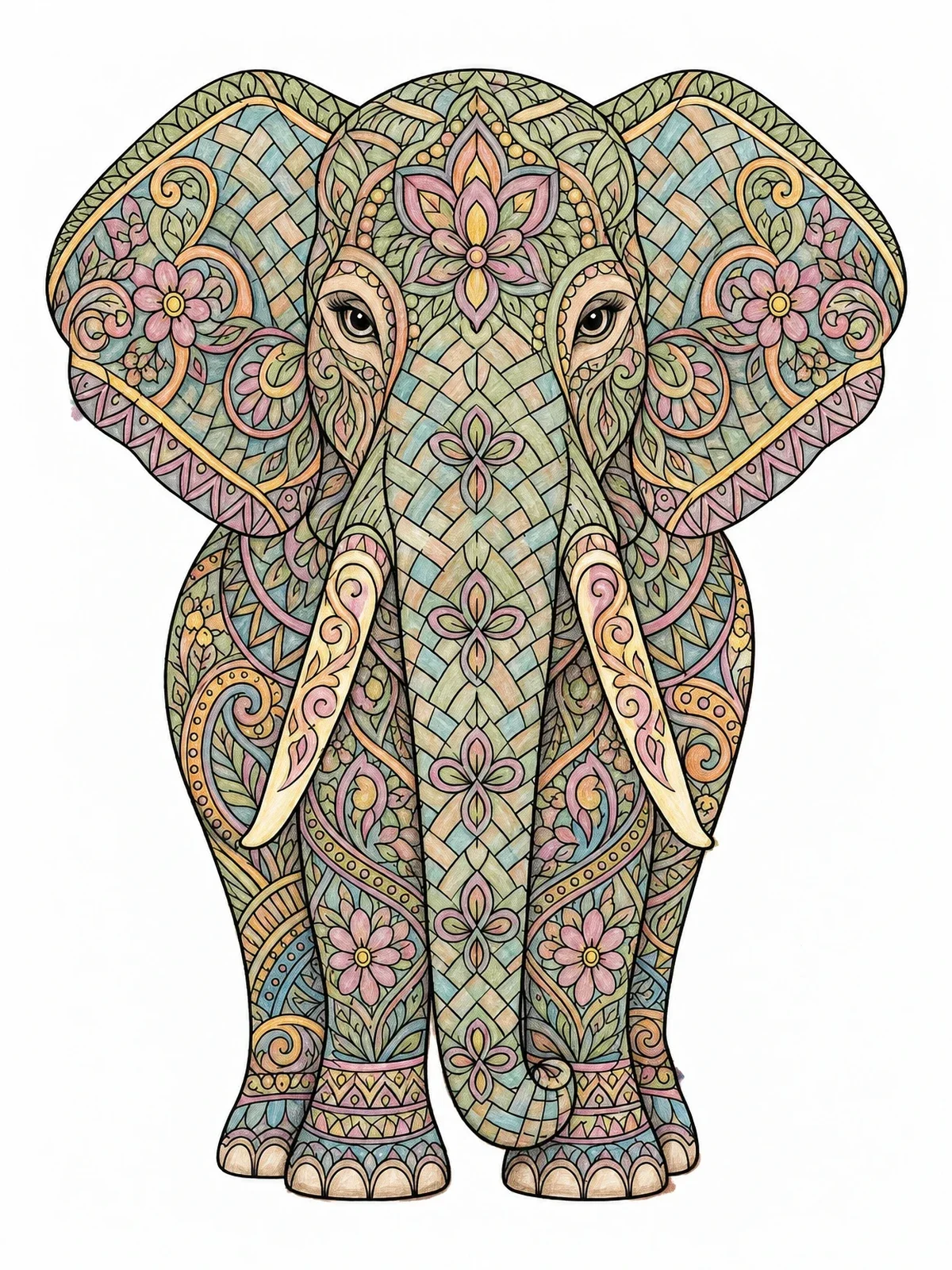 Colored example of the Ornate Zentangle Elephant Portrait coloring page