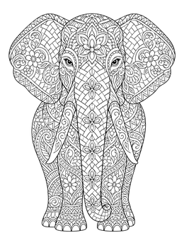 An intricate zentangle coloring page featuring an elephant with floral and geometric patterns.