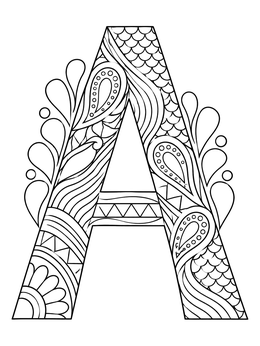 A decorative letter A coloring page adorned with intricate paisley and wavy patterns.