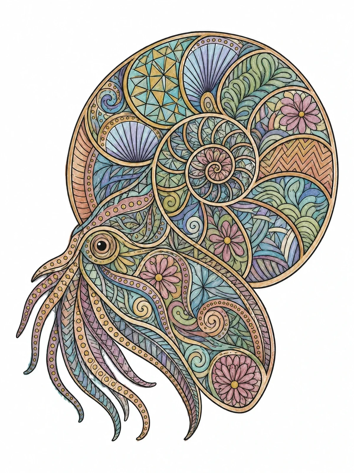 Colored example of the Ornate Zentangle Nautilus Shell coloring page