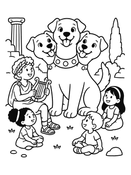 Free printable Orpheus Playing Lyre For Friendly Cerberus coloring page