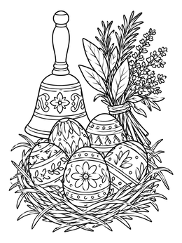 Decorated spring eggs in a nest with an altar bell and herbs in this ostara coloring page.