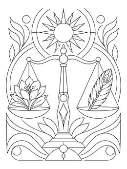 An ostara coloring page featuring balanced scales holding a blooming flower and a feather under a radiant sun.