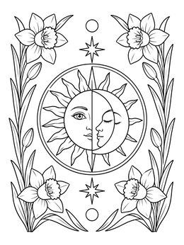 A celestial sun and moon emblem framed by spring daffodils on this ostara coloring page.