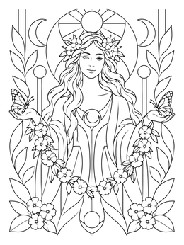 Spring goddess holds floral garlands in this detailed ostara coloring page.