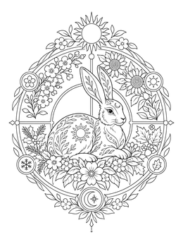 A mystical rabbit resting inside a seasonal wheel on this ostara coloring page.
