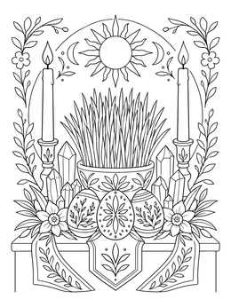 An ostara coloring page showing a spring altar with candles, decorated eggs, crystals, and potted wheatgrass.