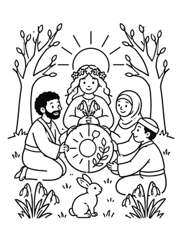 Free printable Spring Equinox Gathering In The Woods coloring page