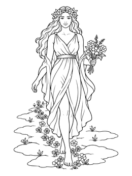 A graceful spring goddess walks barefoot leaving blossoms in this ostara coloring page.