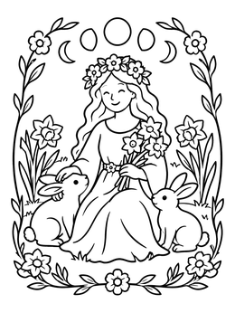 Free printable Spring Goddess With Hares And Daffodils coloring page