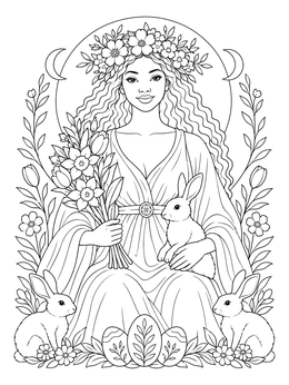 Goddess of spring holding flowers with bunnies on an ostara coloring page.