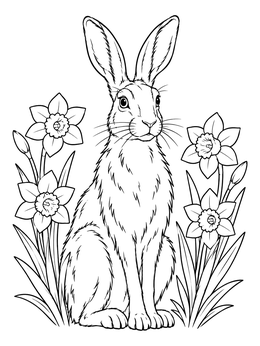 A detailed wild hare sitting upright among spring daffodils in this ostara coloring page.