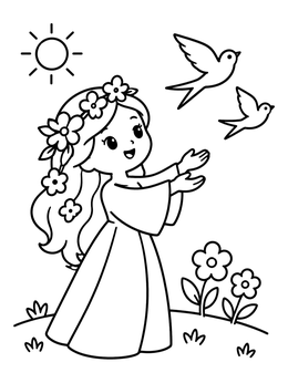 Free printable Spring Maiden Releasing Swallows coloring page
