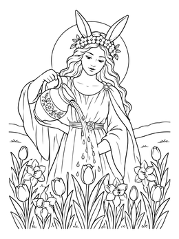 In this Ostara coloring page, the goddess pours morning water over blossoming tulips and daffodils.
