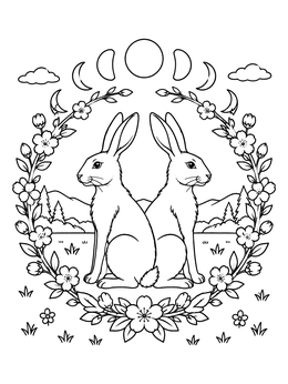 Free printable Wild Hares And Spring Blossom Wreath coloring page