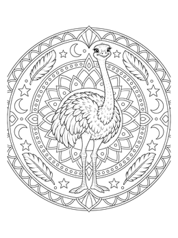 An intricate ostrich coloring page with a decorative mandala, moons, and stars.