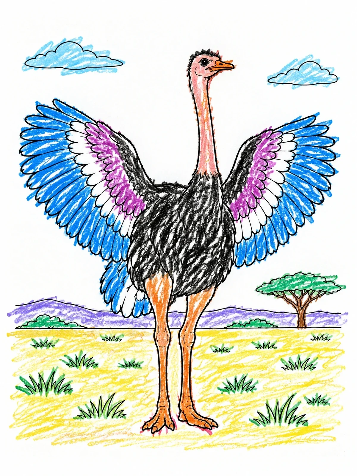 Colored example of the Ostrich Displaying Wings In Savanna coloring page