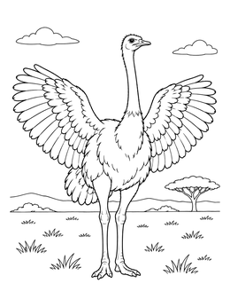 An ostrich coloring page showing a tall ostrich spreading its large wings in a savanna landscape.