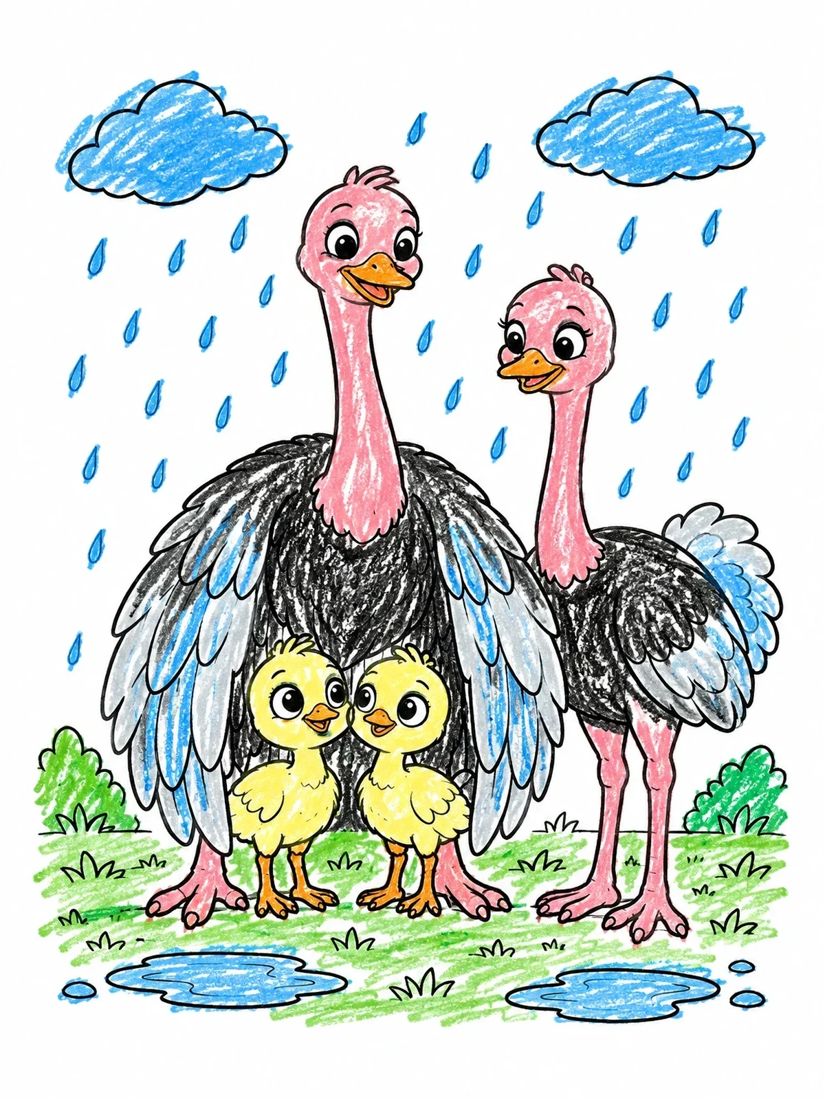 Colored example of the Ostrich Family In The Rain coloring page