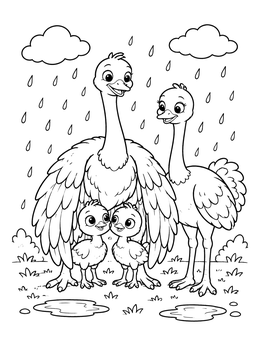 Free printable Ostrich Family In The Rain coloring page