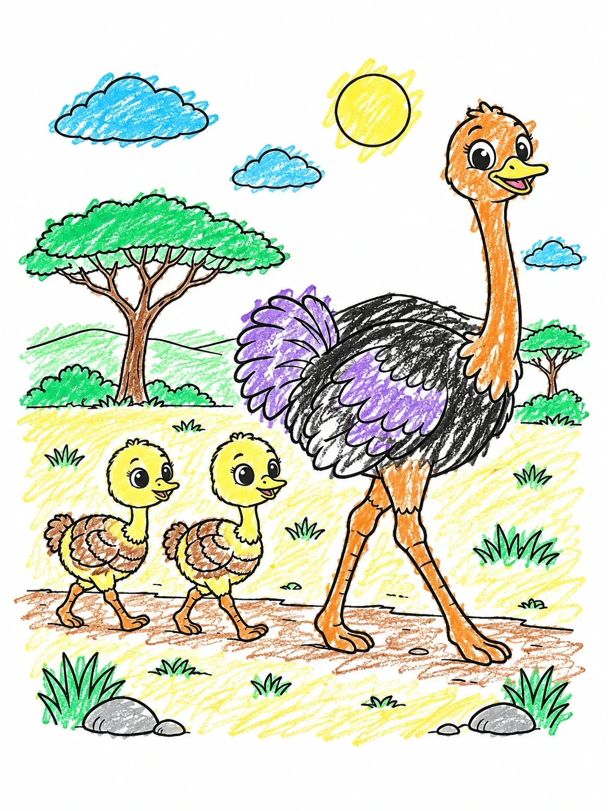 Colored example of the Ostrich Family On The Savanna coloring page