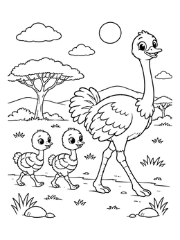 Free printable Ostrich Family On The Savanna coloring page