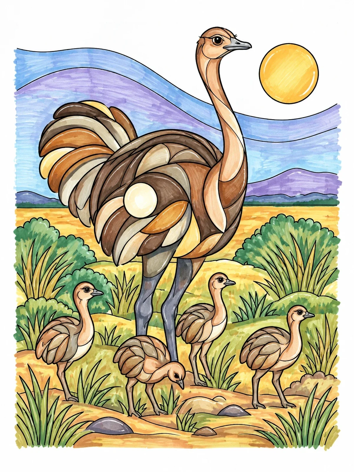 Colored example of the Ostrich Family In Savannah Landscape coloring page