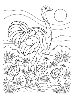 An adult bird with chicks shines in this ostrich coloring page.
